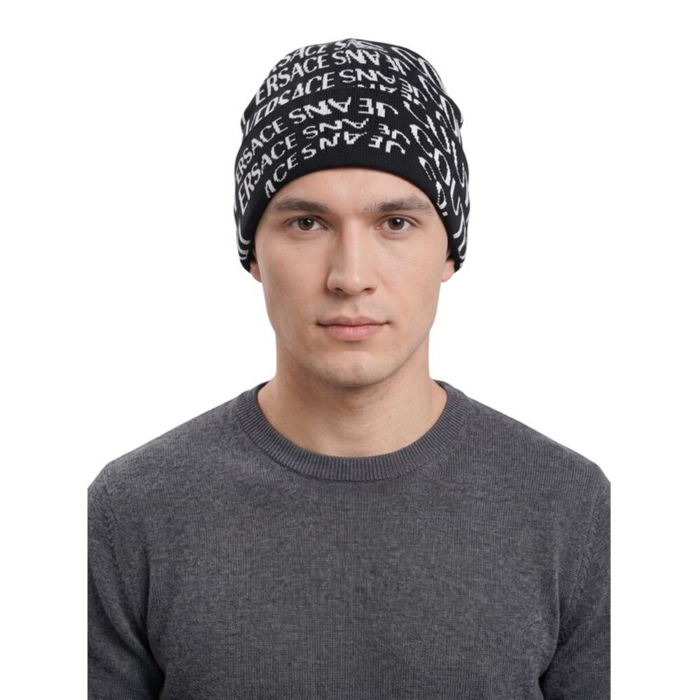 Versace Jeans Couture Men's Black and White Logo Knit Beanie